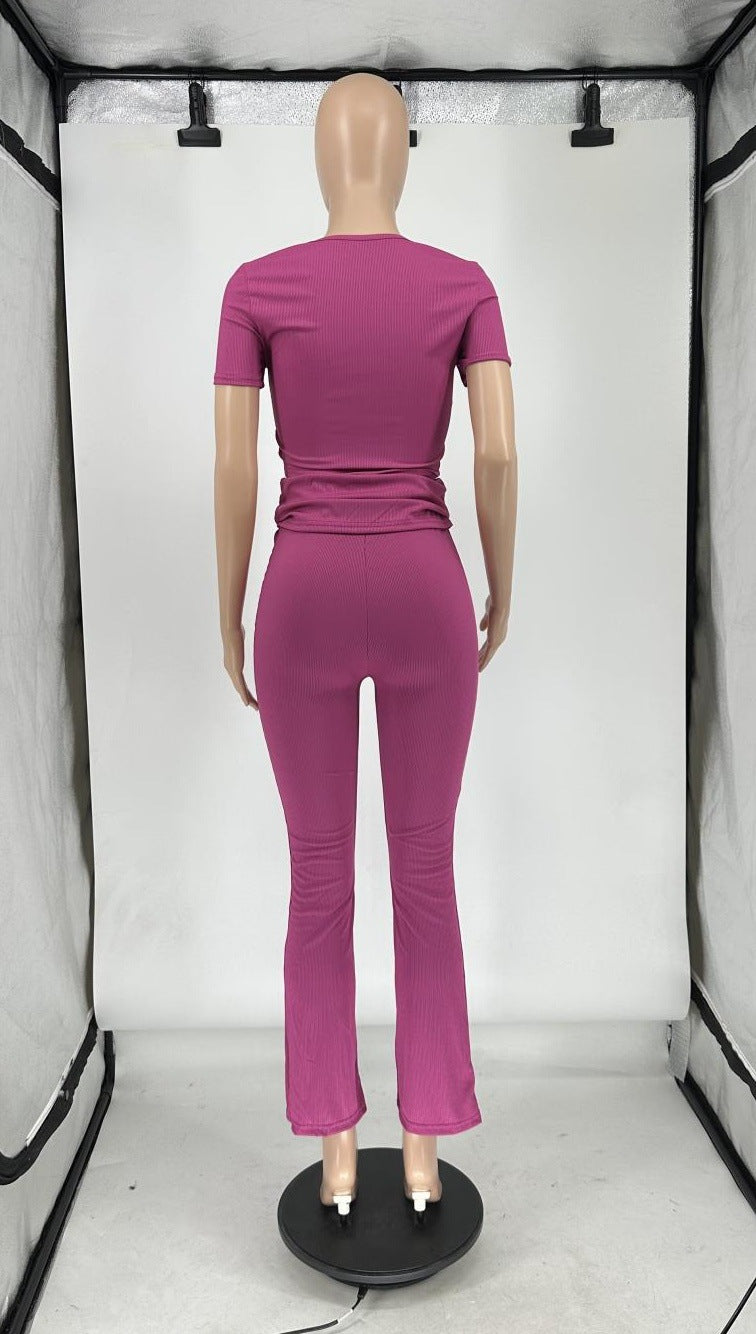 Women Summer Ribbed U-neck Short Sleeve Top and Pant Two-piece Set 24