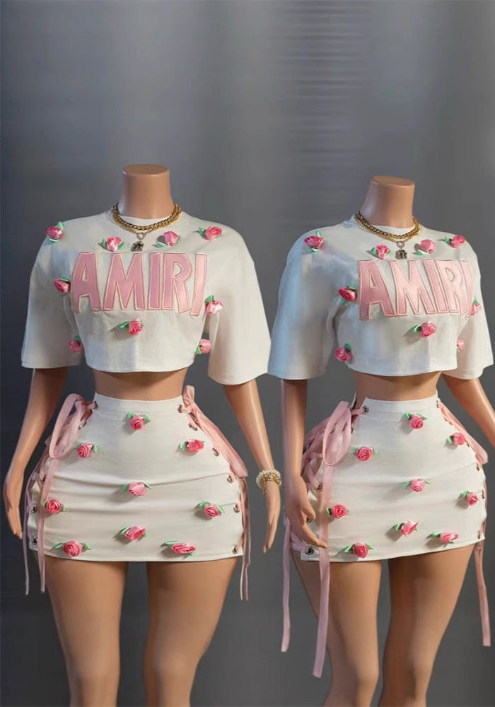 Women's Sexy Crop Top & Short Skirt Set with Rose Decoration