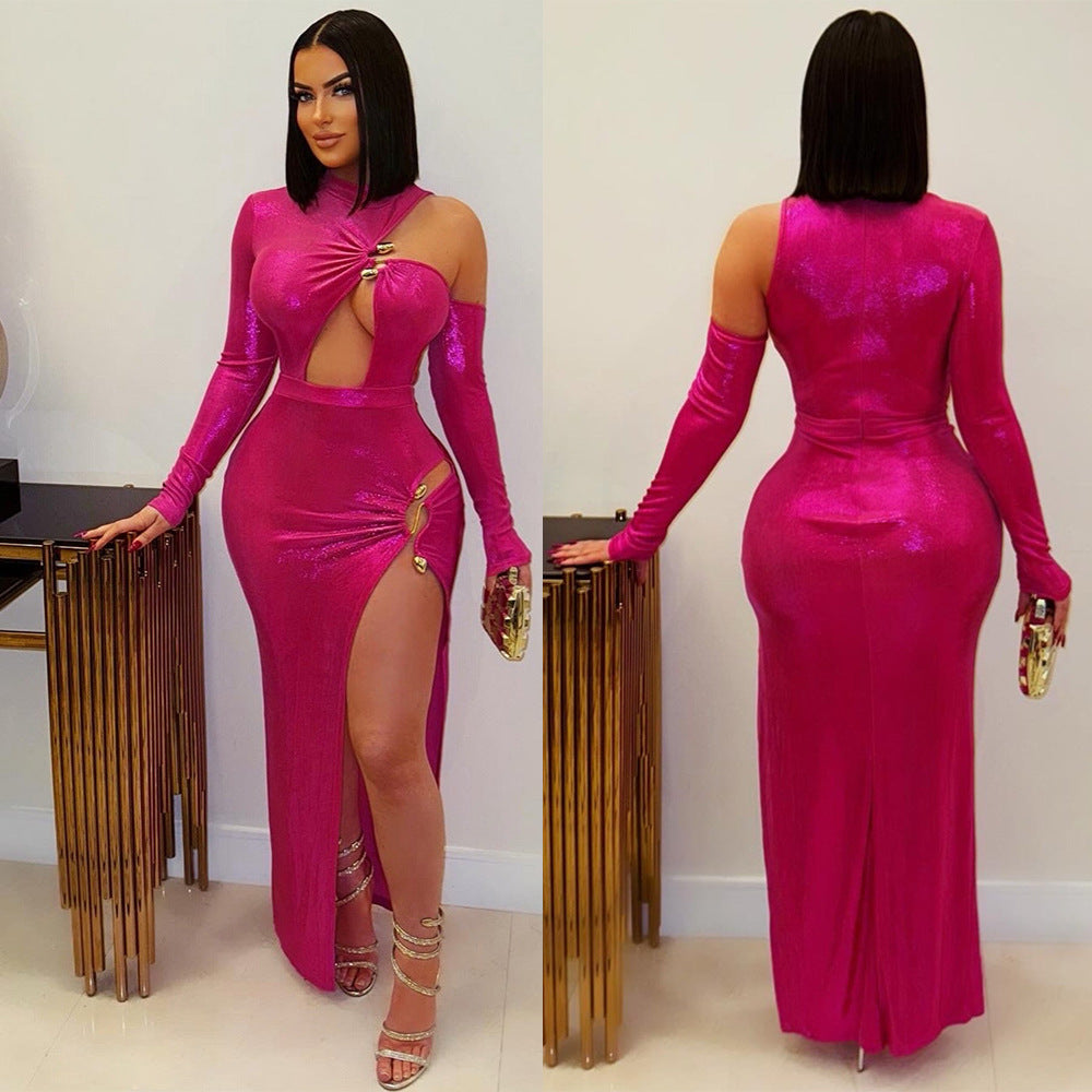 Women irregular hollow metal button sexy slit dress 3