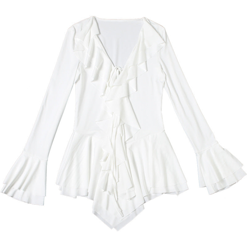 Women Fall V-Neck Lace-Up Ruffle Bell Bottom Sleeve Dress 13