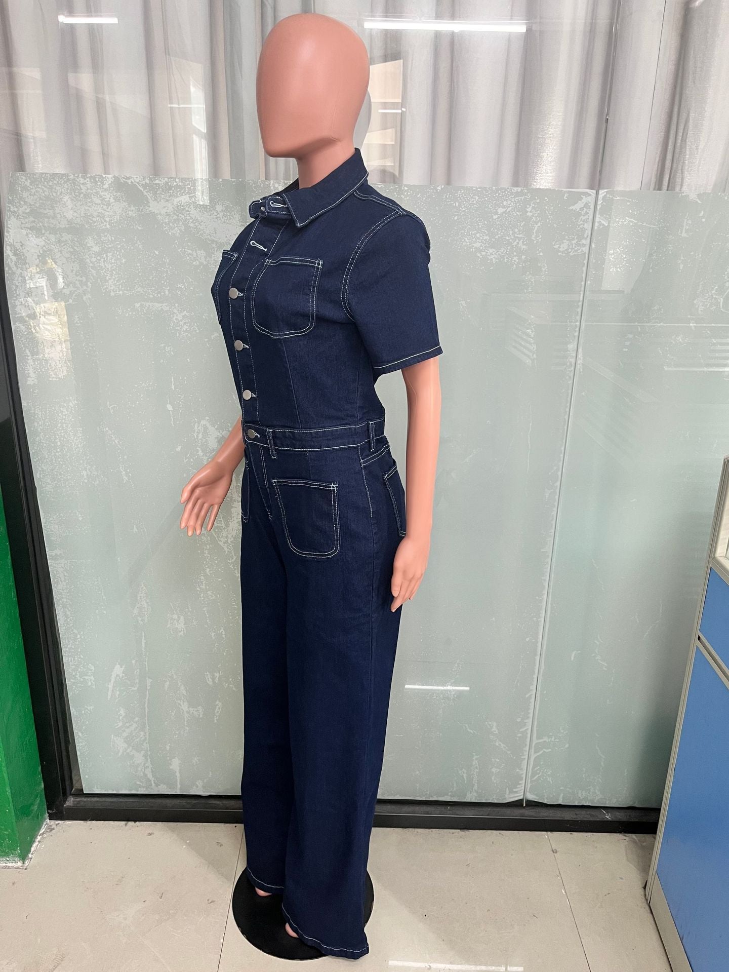 Short Sleeve Washed Denim Wide-Leg Jumpsuit 7