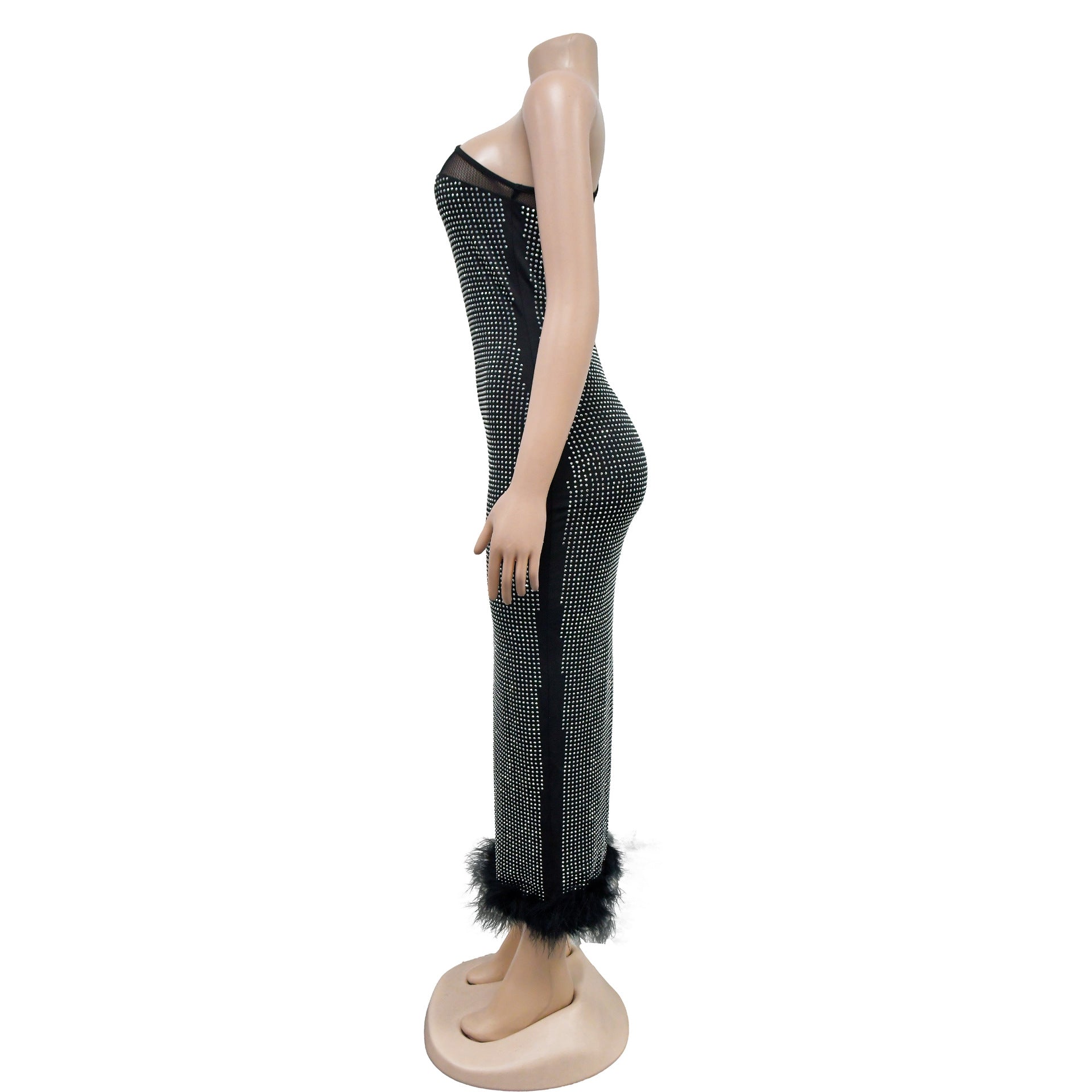 Fashion Women's One Shoulder Beaded Mesh Feather Party Dress 10