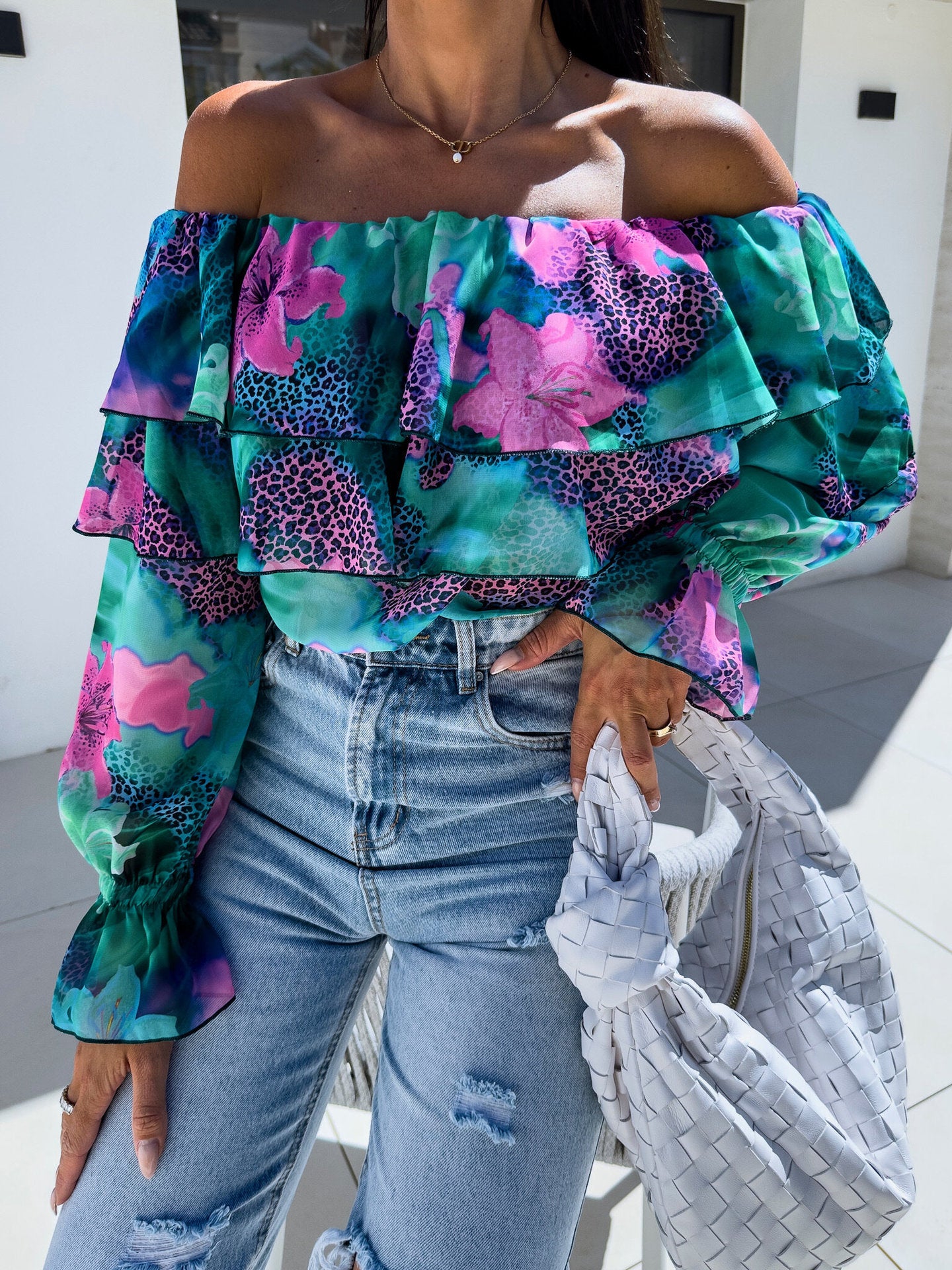 Autumn Sexy Fashion Off Shoulder Printed Shirt 6