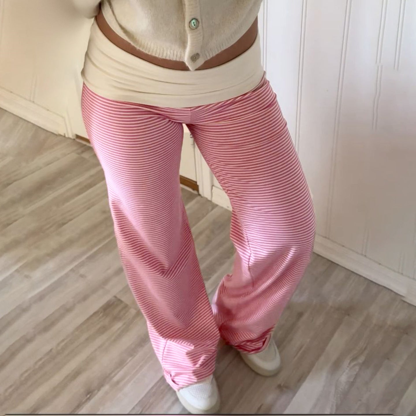 Women's Casual Loungewear High-Waisted Striped Knit Pants Wide-Leg Trousers 5