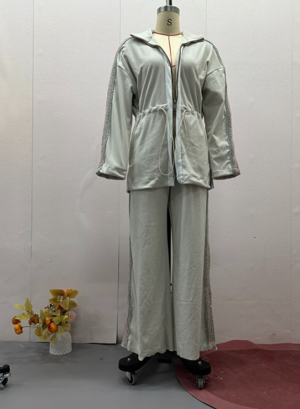 Autumn Fashion Contrast Color Drawstring Elastic Top Casual Pants Two Piece Set 11