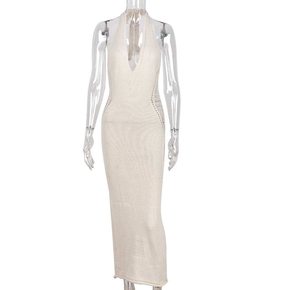 Women's Hollow Style U Neck Tie Knitting Long Dress 10