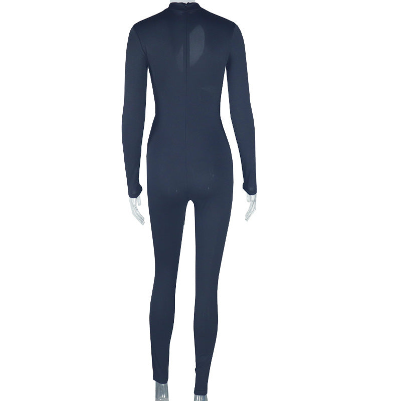 fashionable women's clothing solid color long sleeve hollow Tight Fitting jumpsuit 10