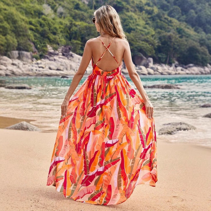 Women's Summer Deep V Cross Halter Neck Strap Print Maxi Dress 4