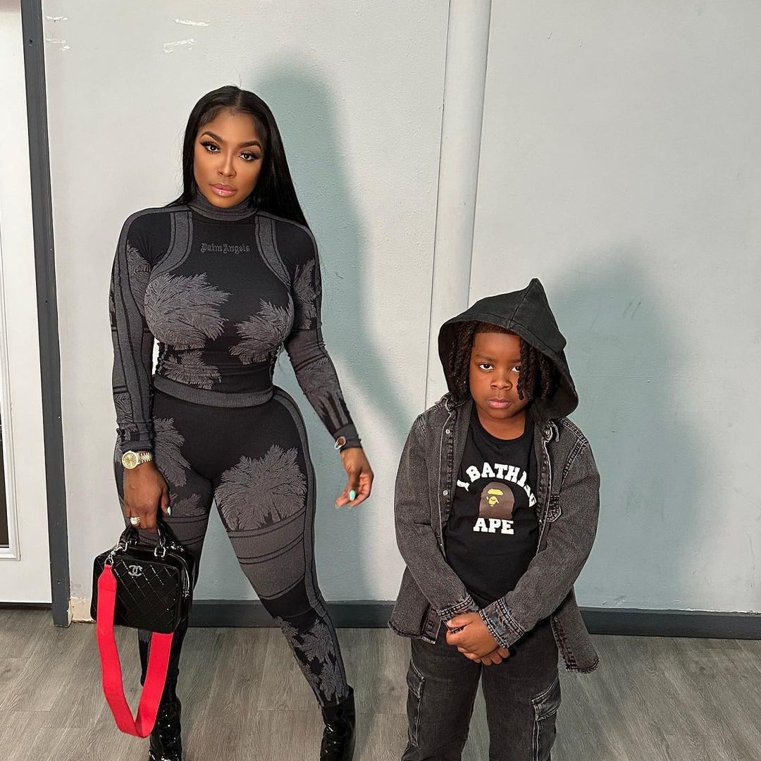 Women's Irregular Printed Tight Fitting Long Sleeve Tops And Pants Casual Two Piece Set