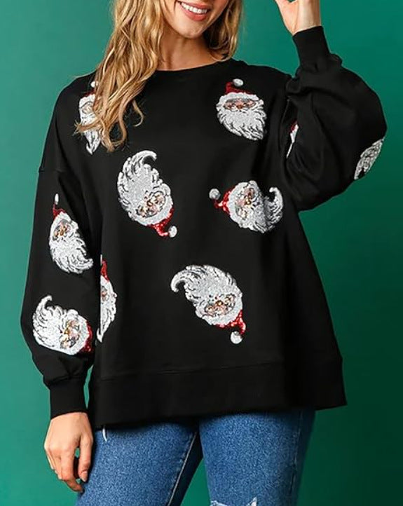 Autumn And Winter Christmas Round Neck Loose Sequin Women T-Shirt 3
