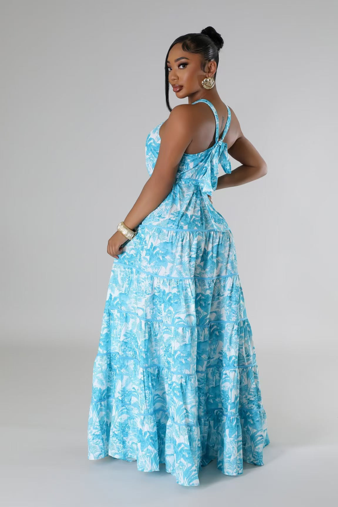 Fashion Printed Halter Neck A-line Maxi Dress 4