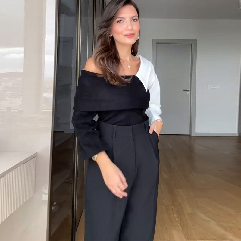 Chic Color Matching Design Off-Shoulder Long-Sleeved Knitting Sweater 7