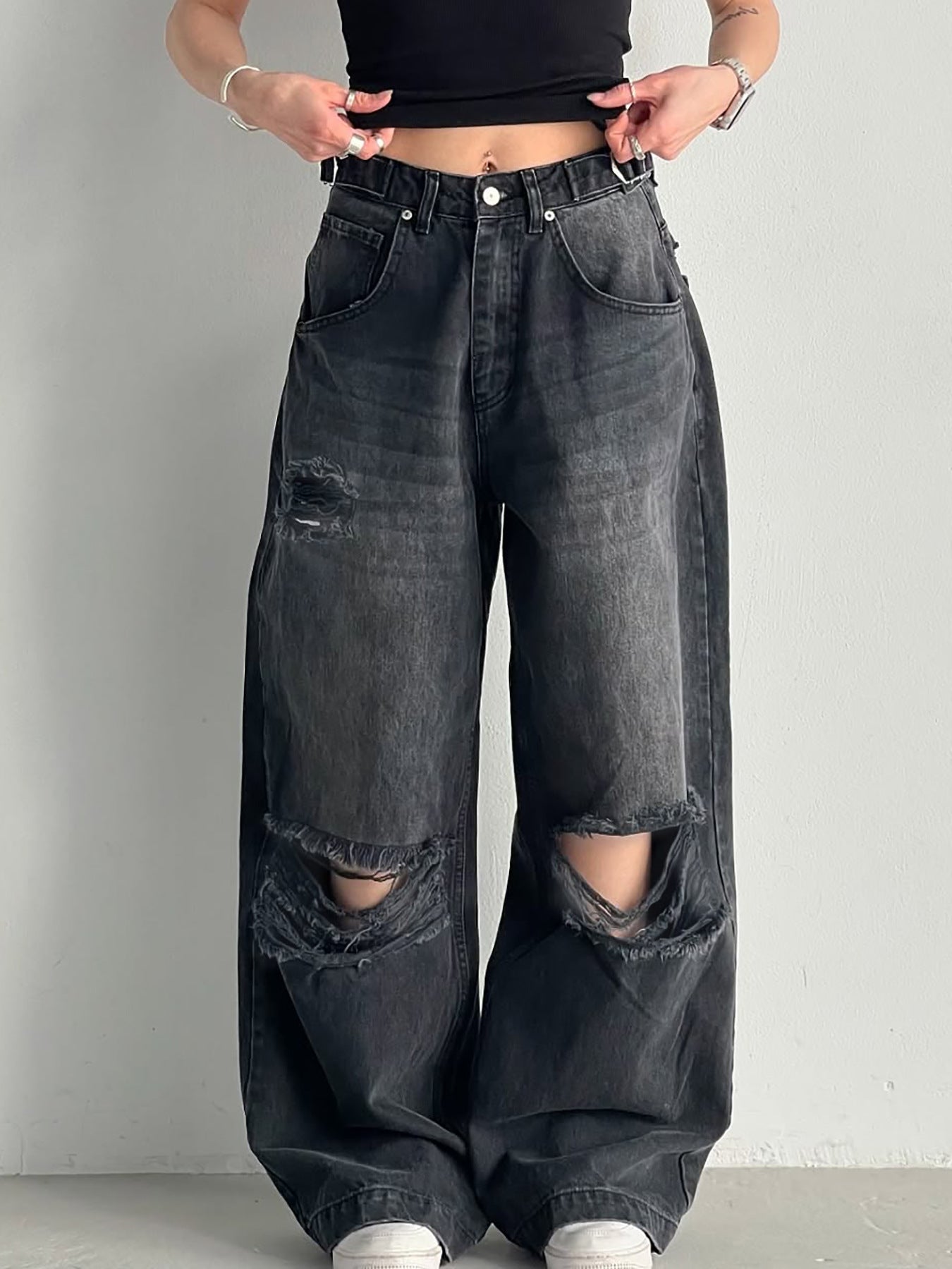 Women Ripped Waist Adjustable Denim Wide Leg Pants 3
