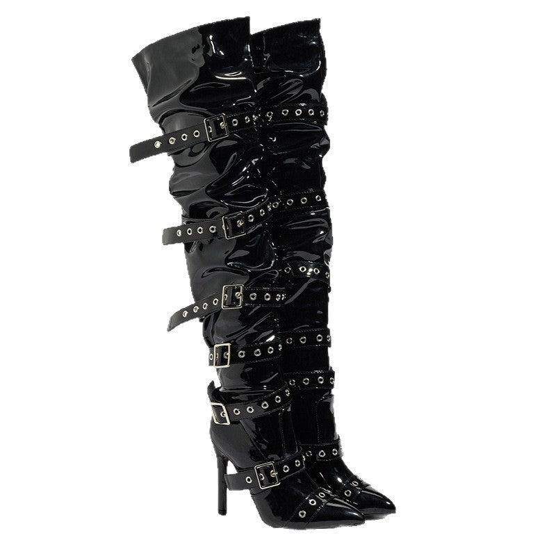 Women Retro Pointed-Toe Boots with Riveted High Heels and Belt Buckle, Punk-Style Over-The-Knee Boots 5