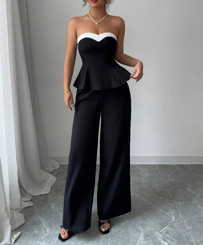 Women Summer Elegant Strapless Contrast Color Top and Pants Two Piece Set 7