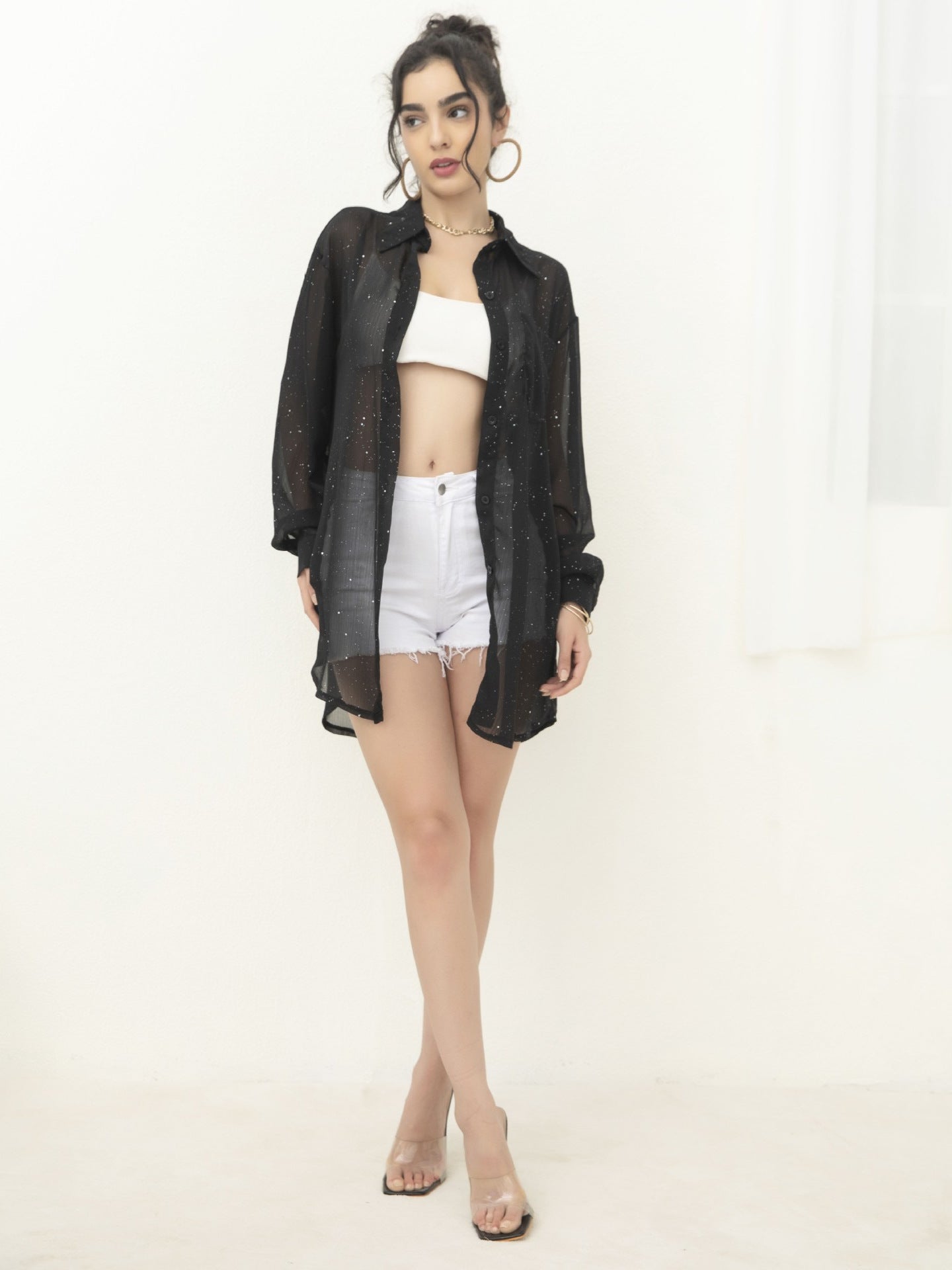 Women's Fashion Long Sleeve Turndown Collar Sequined Shirt Casual Blouse 5