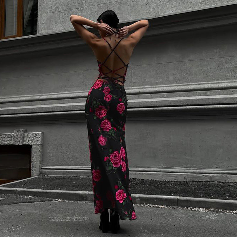 Women Spring Flower Print Sexy Backless Lace-Up Dress 3