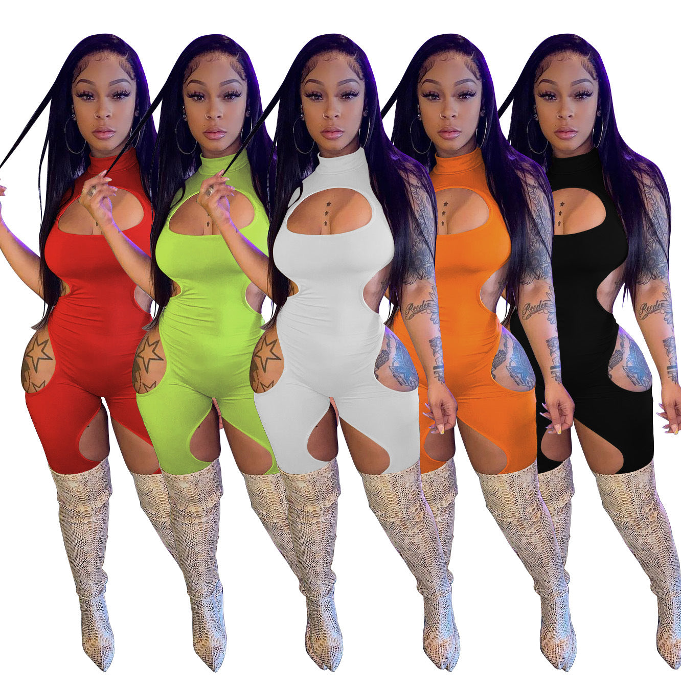 Women's Summer Solid Color Sexy Hollow Short-Sleeve Jumpsuit 8