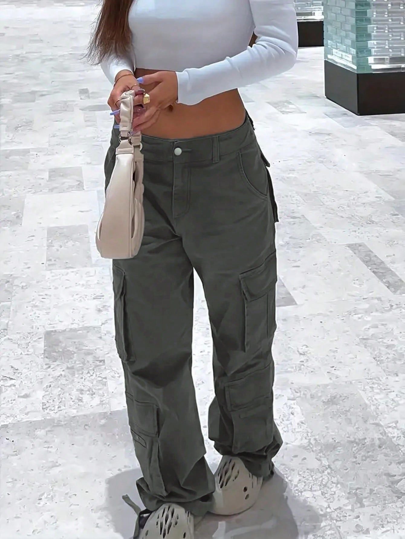 Women Cargo Button Denim Pants 6