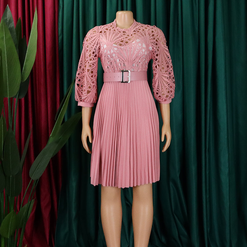 Women'S Chic Solid Color Lace Crochet Cutout Pleated Dress 21
