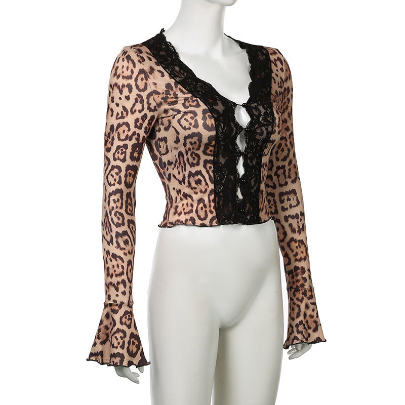 Women Leopard Lace Hollow Lace Sexy V-Neck T-Shirt Top 8