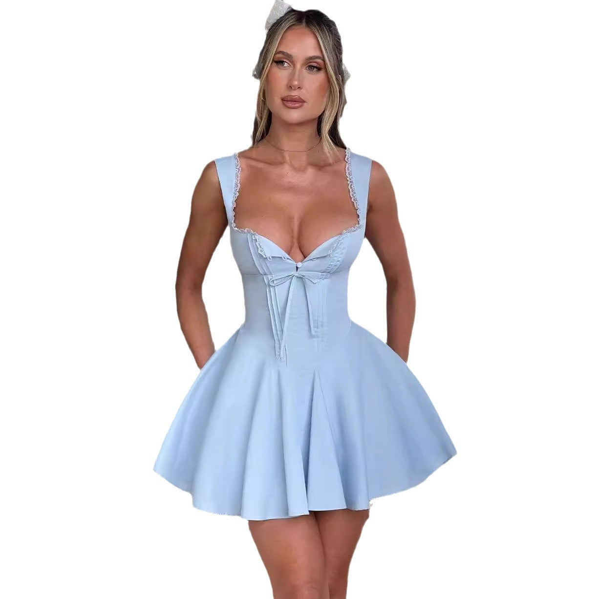 Lace Patchwork Strap Slim Low Back Puffy A-line Mini Dress 9