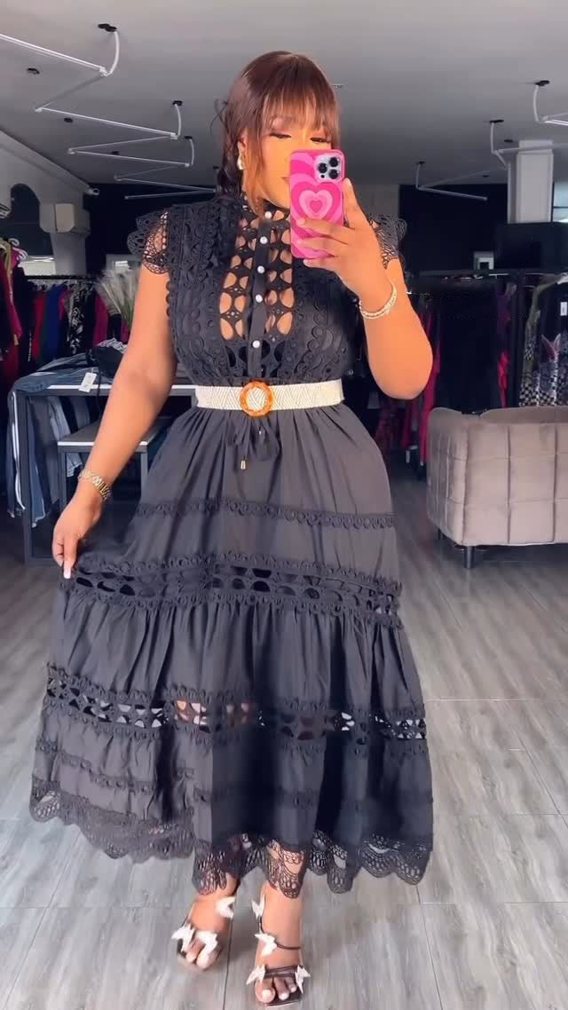 Women Vintage French Elegant Cutout Lace Patchwork Sleeveless Dress 6