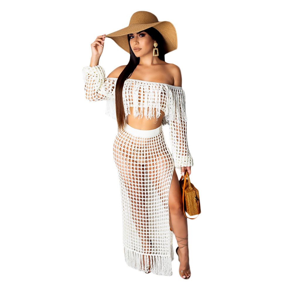 Summer Hollow Sexy Fashion Mesh Tassel See-Through Two-Piece Skirt Set 53