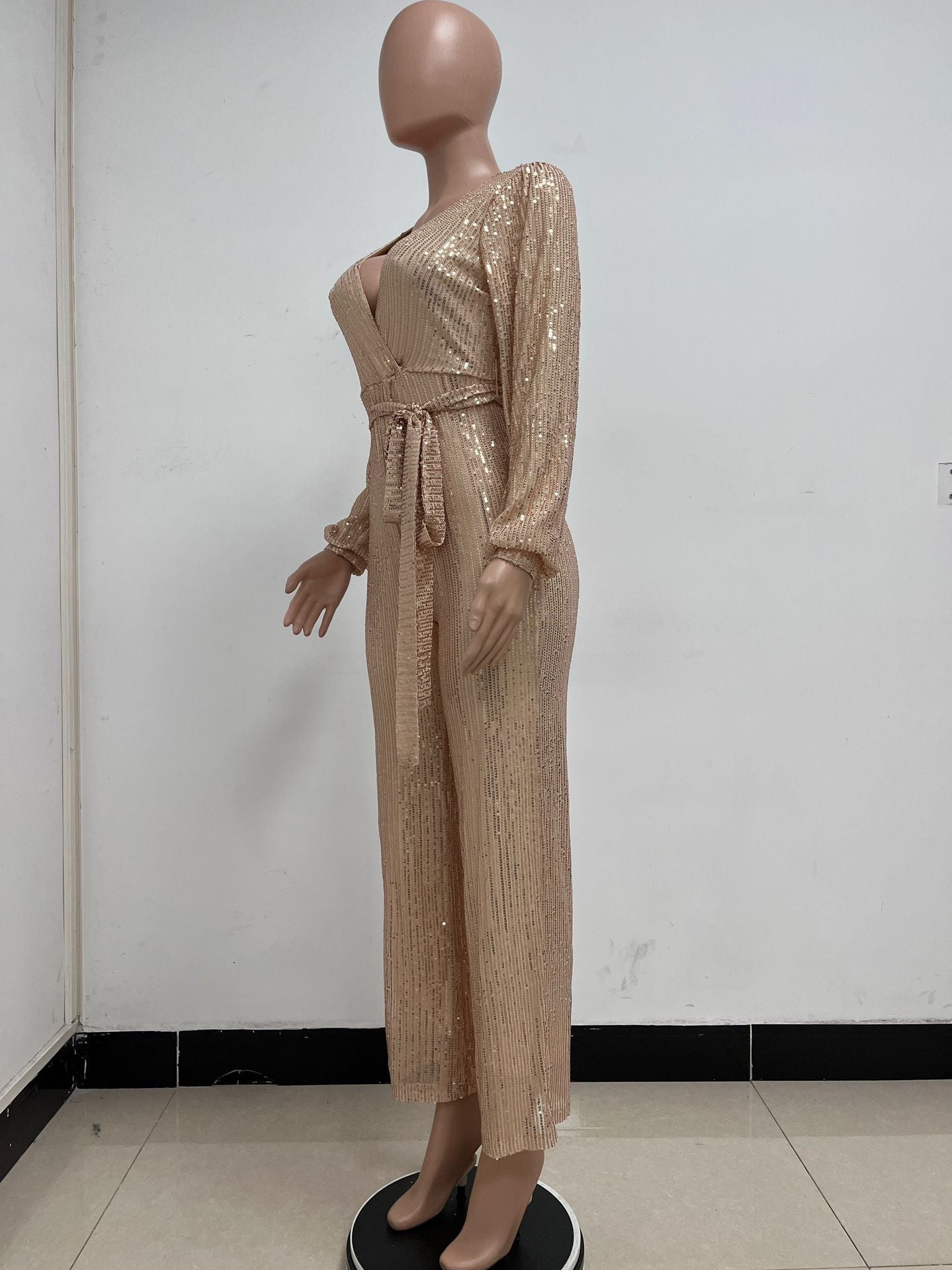 Fashion Casual Long Sleeve Belt Sequin Jumpsuit Women's Clothing 38