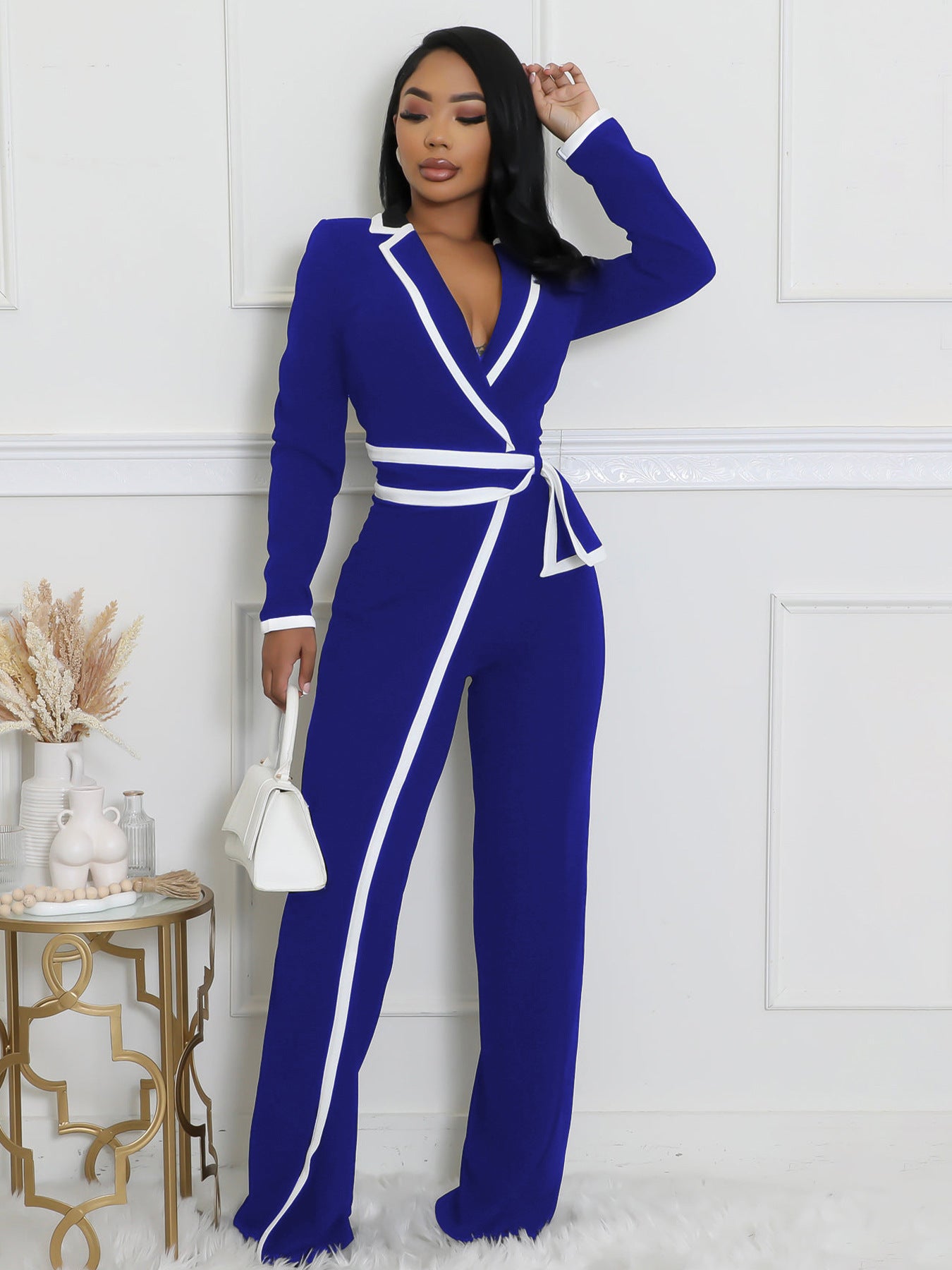 Women autumn and winter belt contrast color long-sleeved Jumpsuit 6