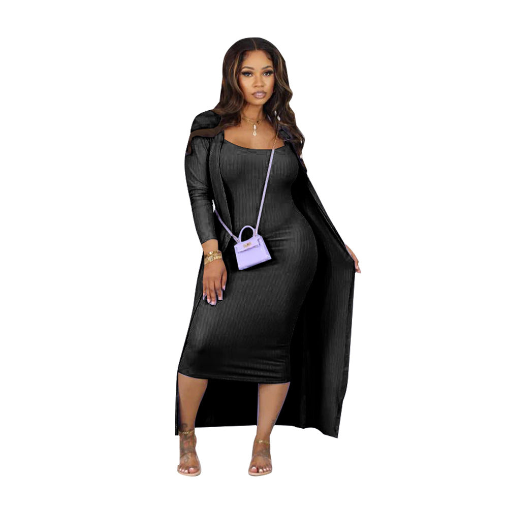 Women Ribbed Long Sleeve Robe and U-neck Suspender Midi Dress Two-piece Set 5