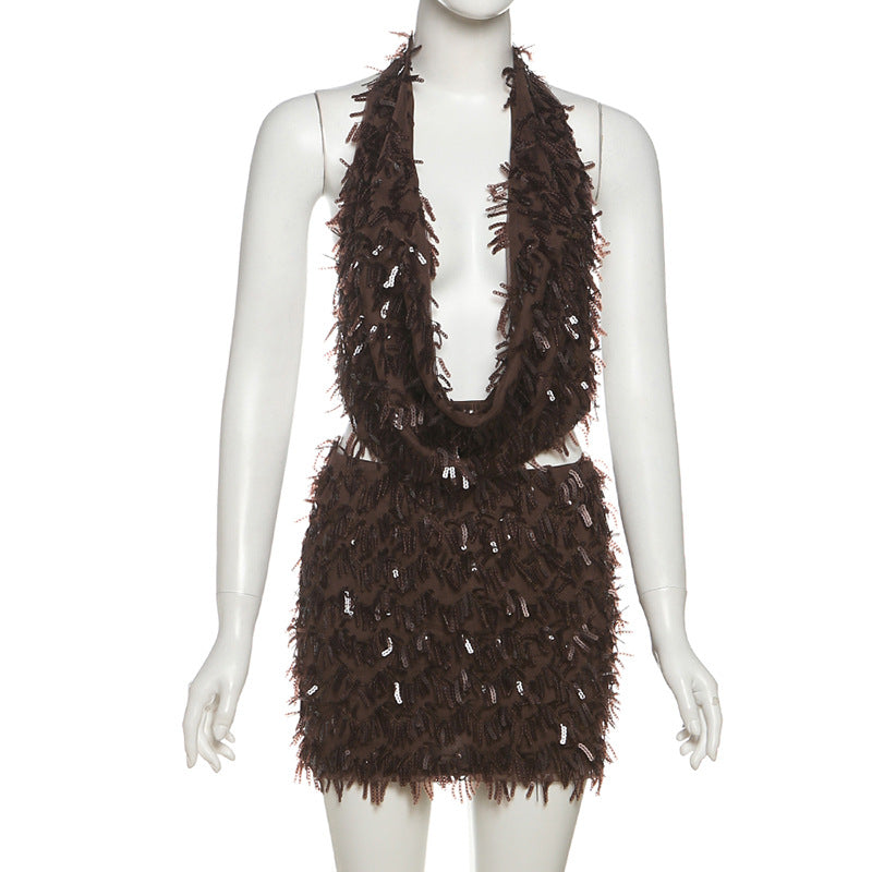 Women Halter Neck V Neck Top and Skirt Two-piece Set 7