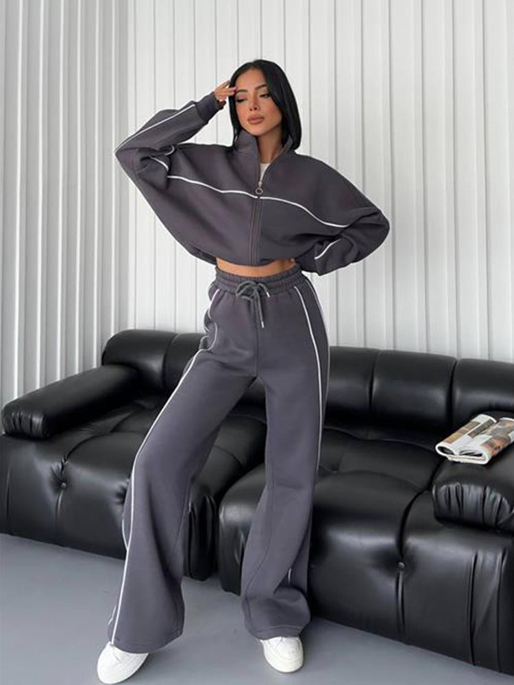 Casual Tracksuit Long Sleeve Turtleneck Zipper Long Sleeve Sports Top Striped Trousers 7