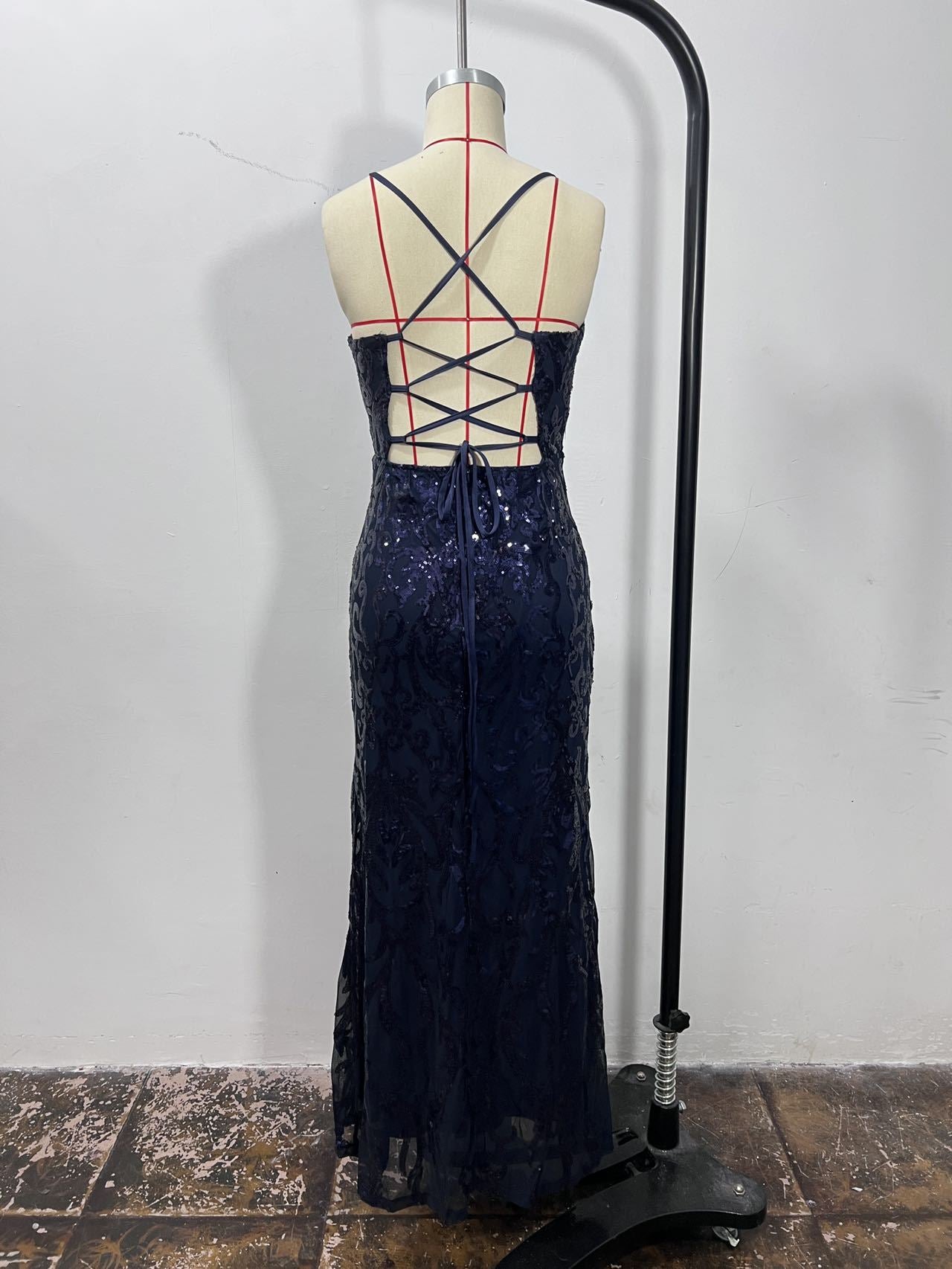 Women Sexy Sequined Suspender Backless Slit Evening Dress 15