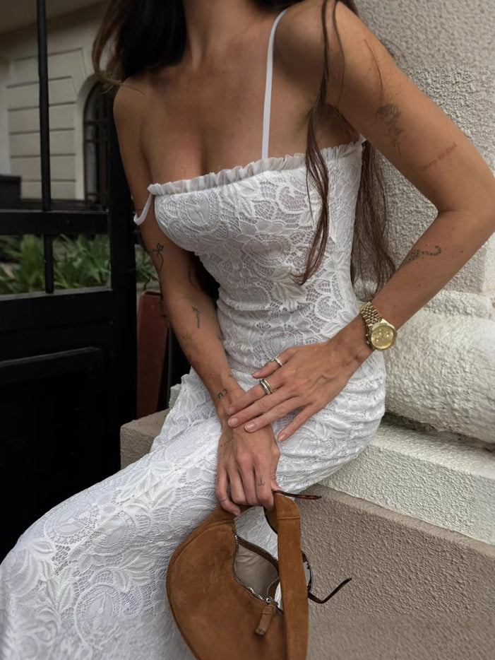 Women Summer Sexy Solid Mesh Patchwork Hollow Strap Dress 4