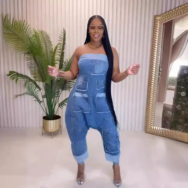 Denim Cargo Multi-Pocket Patchwork Loose Strapless Jumpsuit 3