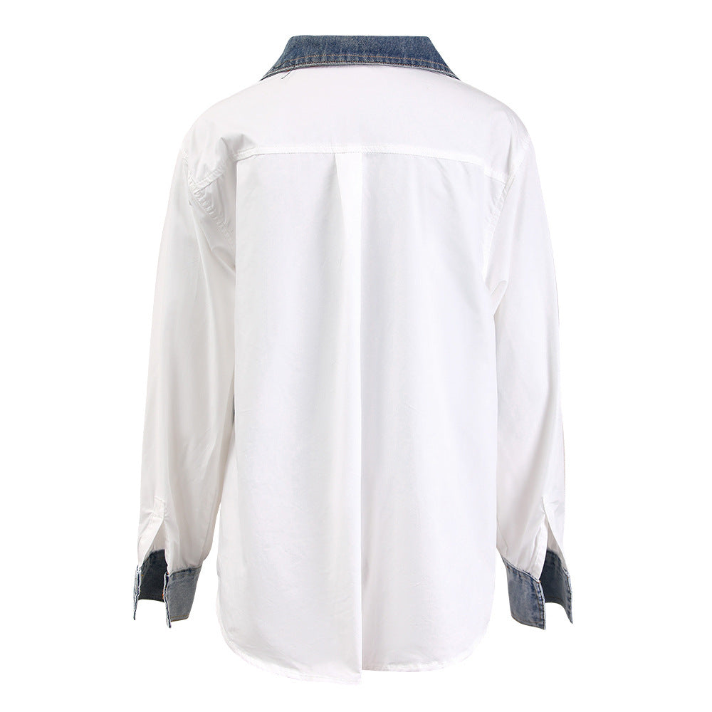 Women American Retro Color-blocking Patchwork Denim Shirt 4