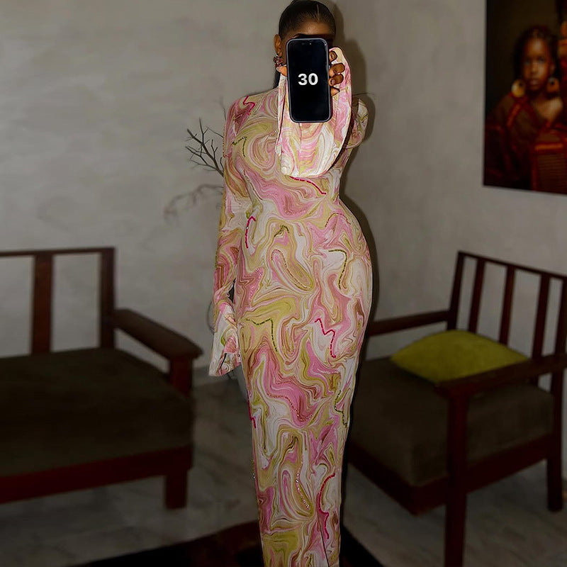 Women's Chic Print Stand Collar Long Sleeve Long Dress 5