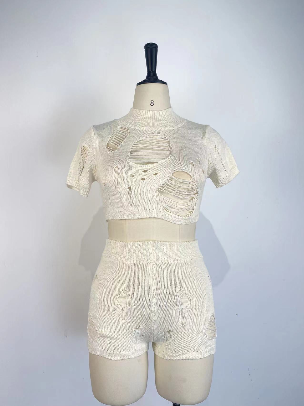 Women Fashion Knitting Tight Fitting Hollow Out Sexy Two Piece Shorts Set Spring Summer 12