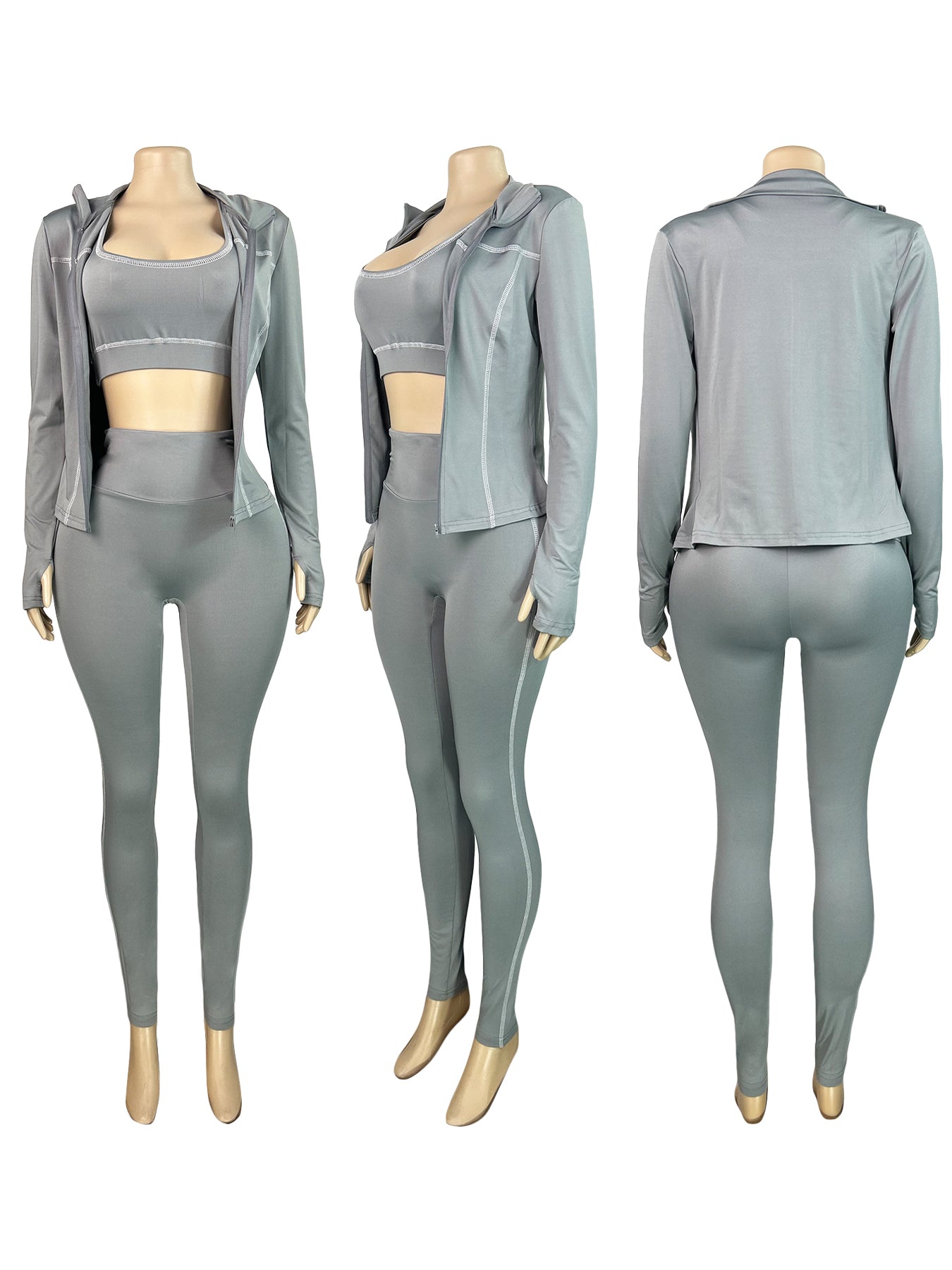 Women Zippered Thumb-Sleeve Long-Sleeved Top and Pants Three-Piece Set 18