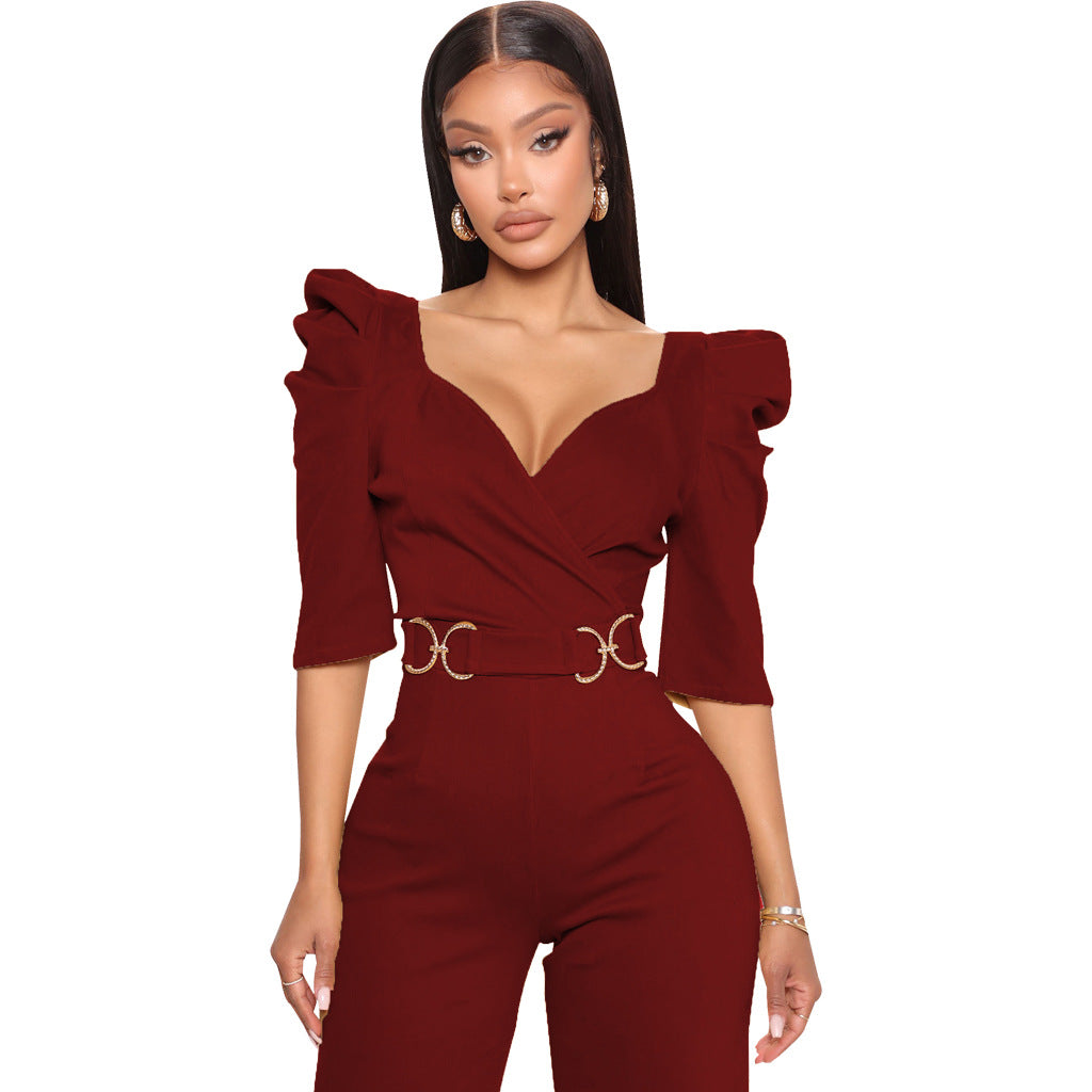 Sexy Fashion Solid Color Three-Quarter Sleeve V-Neck Jumpsuit Women's Clothing 10