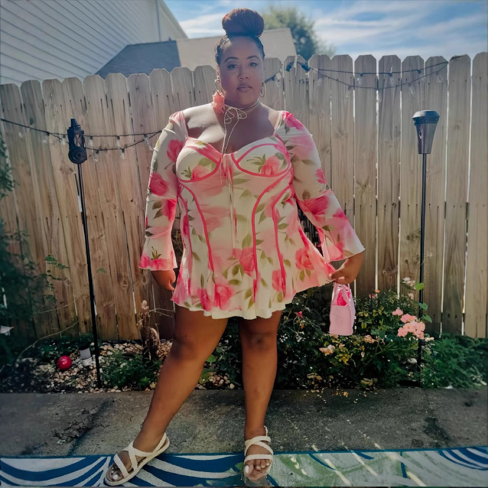 Women Bell Bottom Long-sleeved Lace-up Ruffled Flower Print Dress 5