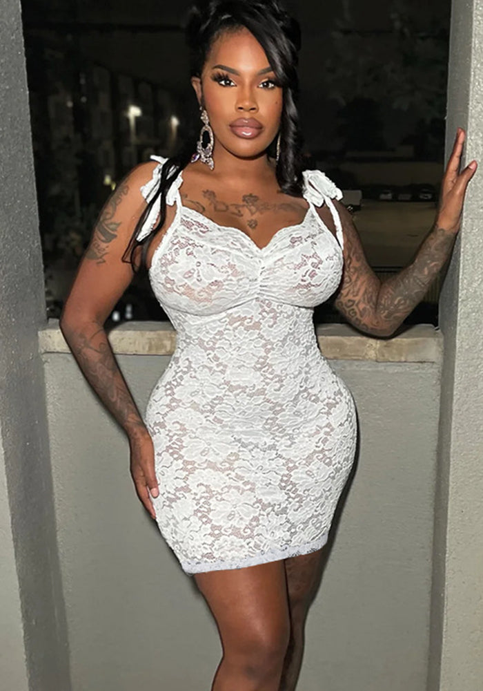 Women's See-Through slim Lace-Up Strap flower lace Bodycon dress