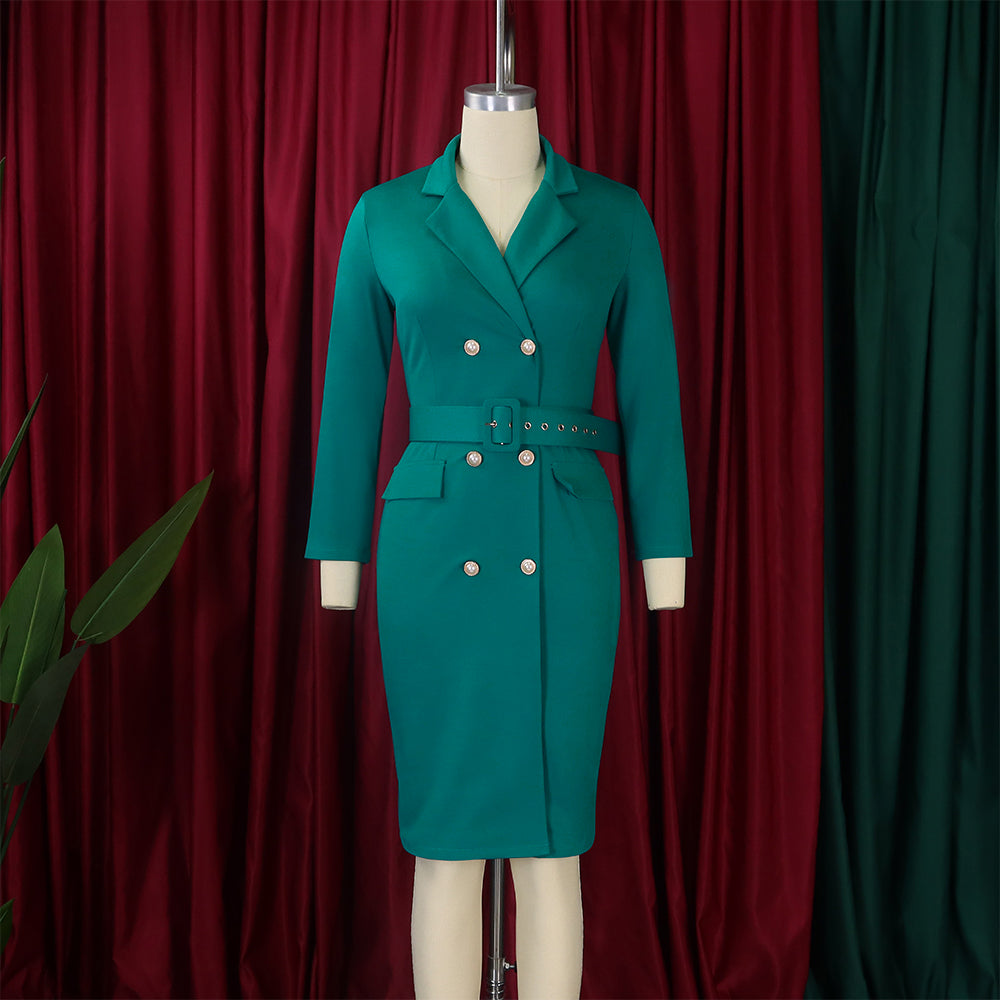 Chic Career Ol Turndown Collar Solid Color Double Breasted Plus Size African Dress 13