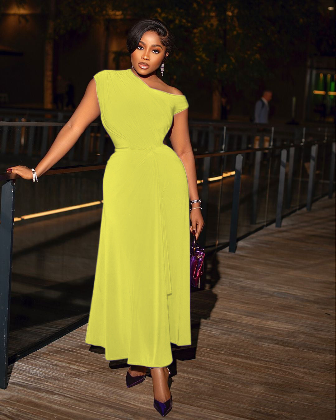 Summer African Women's Solid Color Slash Shoulder Slim Waist Evening Dress 4