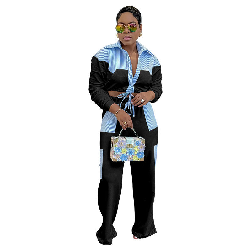 Women Casual striped color-blocked long-sleeved shirt and trousers two-piece set 7