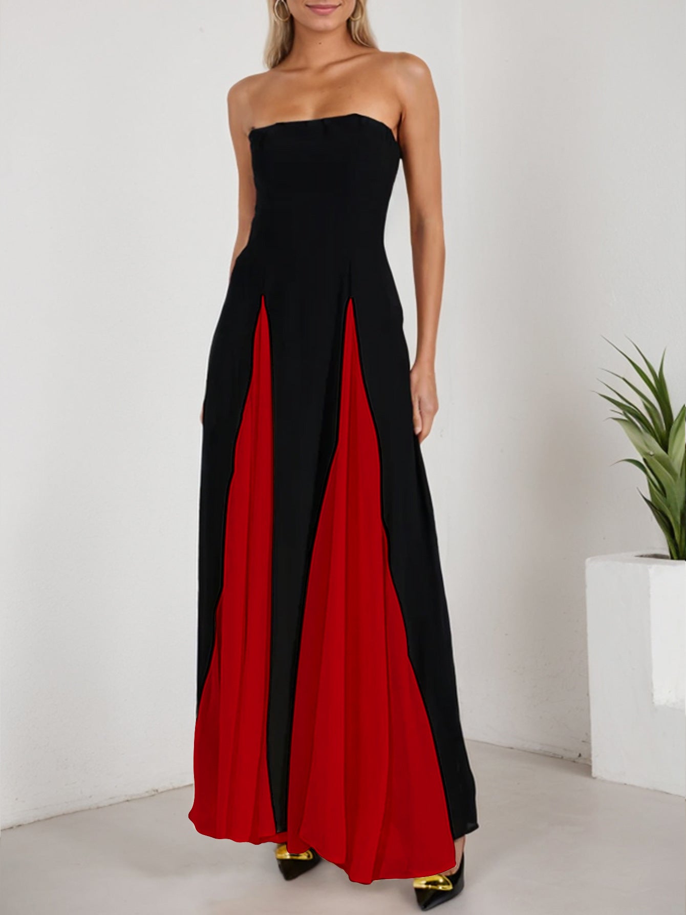 Fashionable Women's Sexy Contrast Patchwork Strapless Long Evening Dress 4