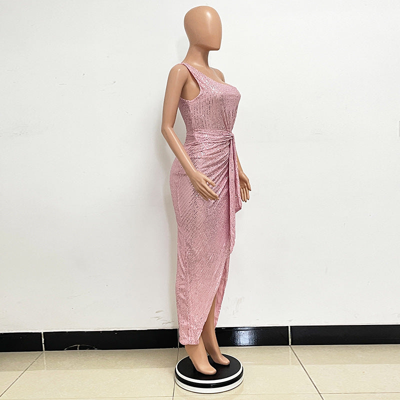 Women's One-Shoulder Lace-Up Sequined Evening Dress 48