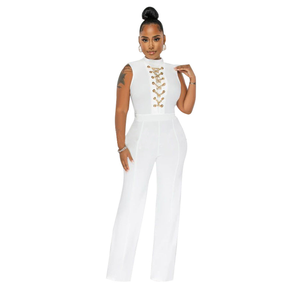 Women's Sexy Solid Color Sleeveless Round Neck Wide-Leg Jumpsuit 4