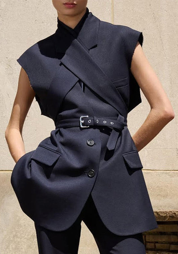 Women trendy Style sleeveless cross-strap Solid Blazer vest Top